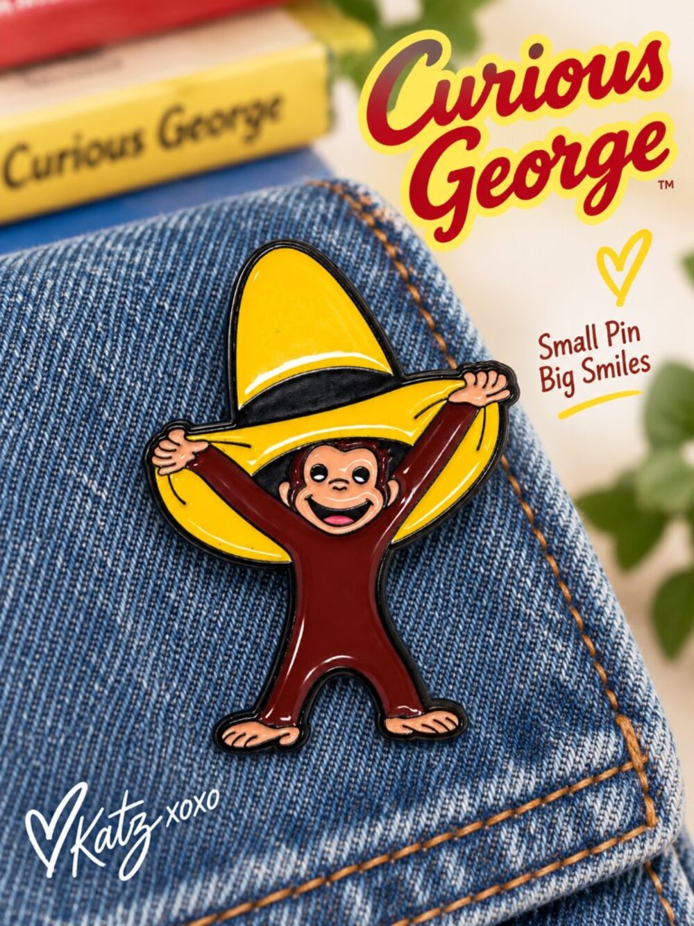 Curious George Yellow Hat Enamel Pin Monkey Children’s Book Retro Cartoon Brooch